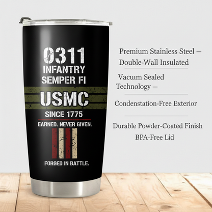 Personalized USMC 0311 Infantry Tumbler - Custom Rank & MOS Service Number
