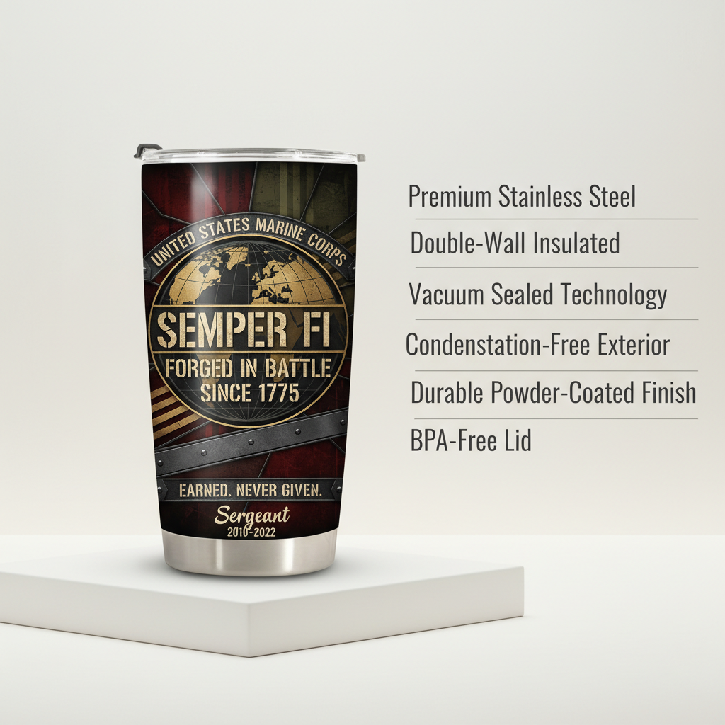 Personalized USMC "Semper Fi" Steel Plate Tumbler - Custom Rank, Name & Service Years