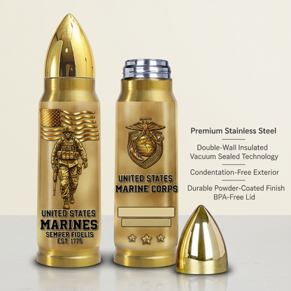 Personalized Gold Bullet USMC Veteran Tumbler - Custom Rank, Name & Military Unit