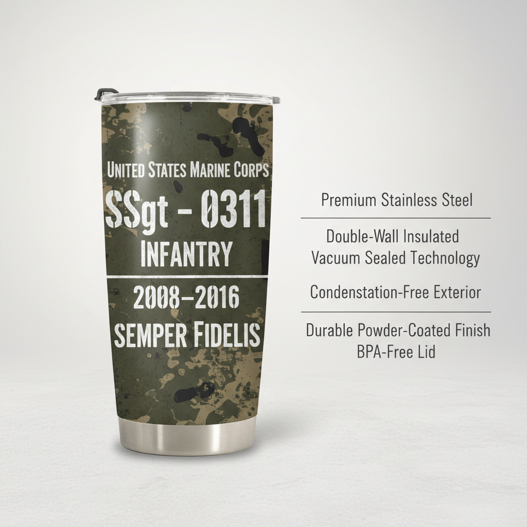Custom Name Camo USMC Veteran Tumbler - Personalized MOS, Rank & Service Years