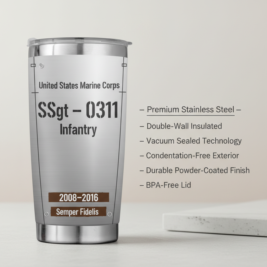 Personalized USMC Military Rank & MOS Tumbler - Custom Name, Service Years & Veteran Era