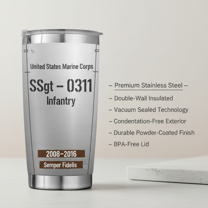 Personalized USMC Military Rank & MOS Tumbler - Custom Name, Service Years & Veteran Era
