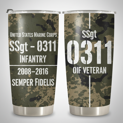 Custom Name Camo USMC Veteran Tumbler - Personalized MOS, Rank & Service Years