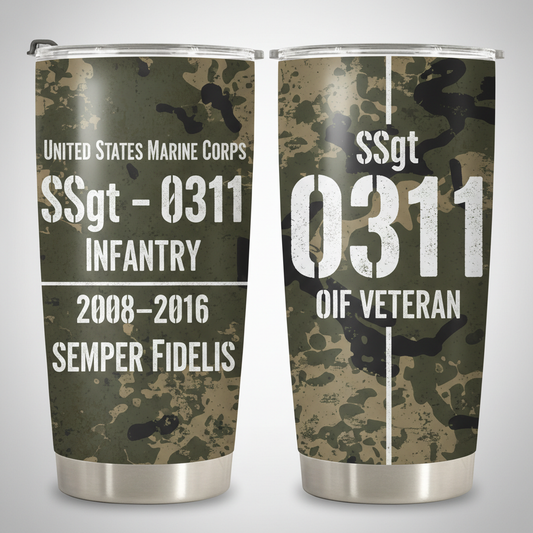 Custom Name Camo USMC Veteran Tumbler - Personalized MOS, Rank & Service Years