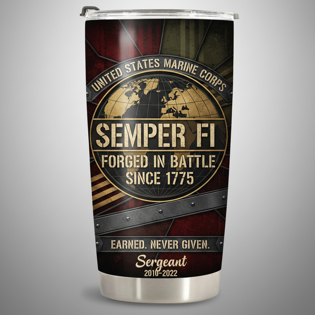 Personalized USMC "Semper Fi" Steel Plate Tumbler - Custom Rank, Name & Service Years