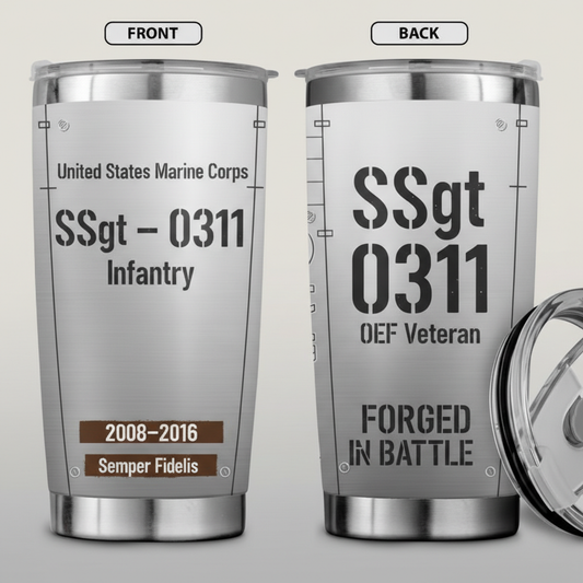 Personalized USMC Military Rank & MOS Tumbler - Custom Name, Service Years & Veteran Era