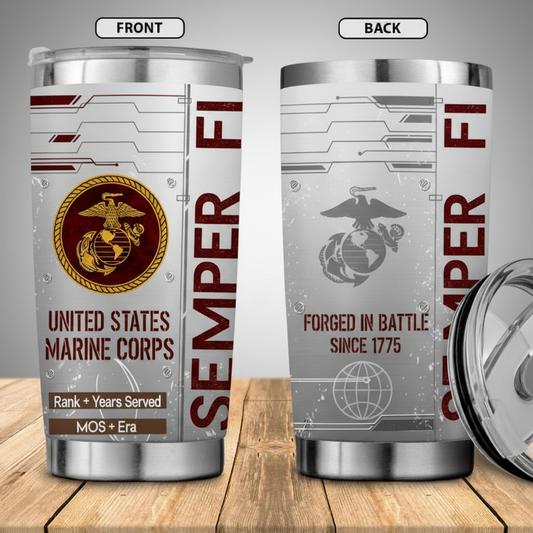 Custom Rank & MOS Marine Corps Tumbler - Personalized Name, Service Years & Era