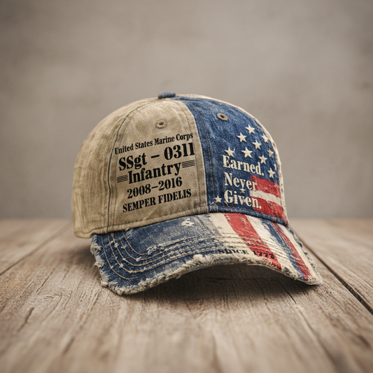Custom USMC Veteran Distressed Hat - Earned Never Given Edition