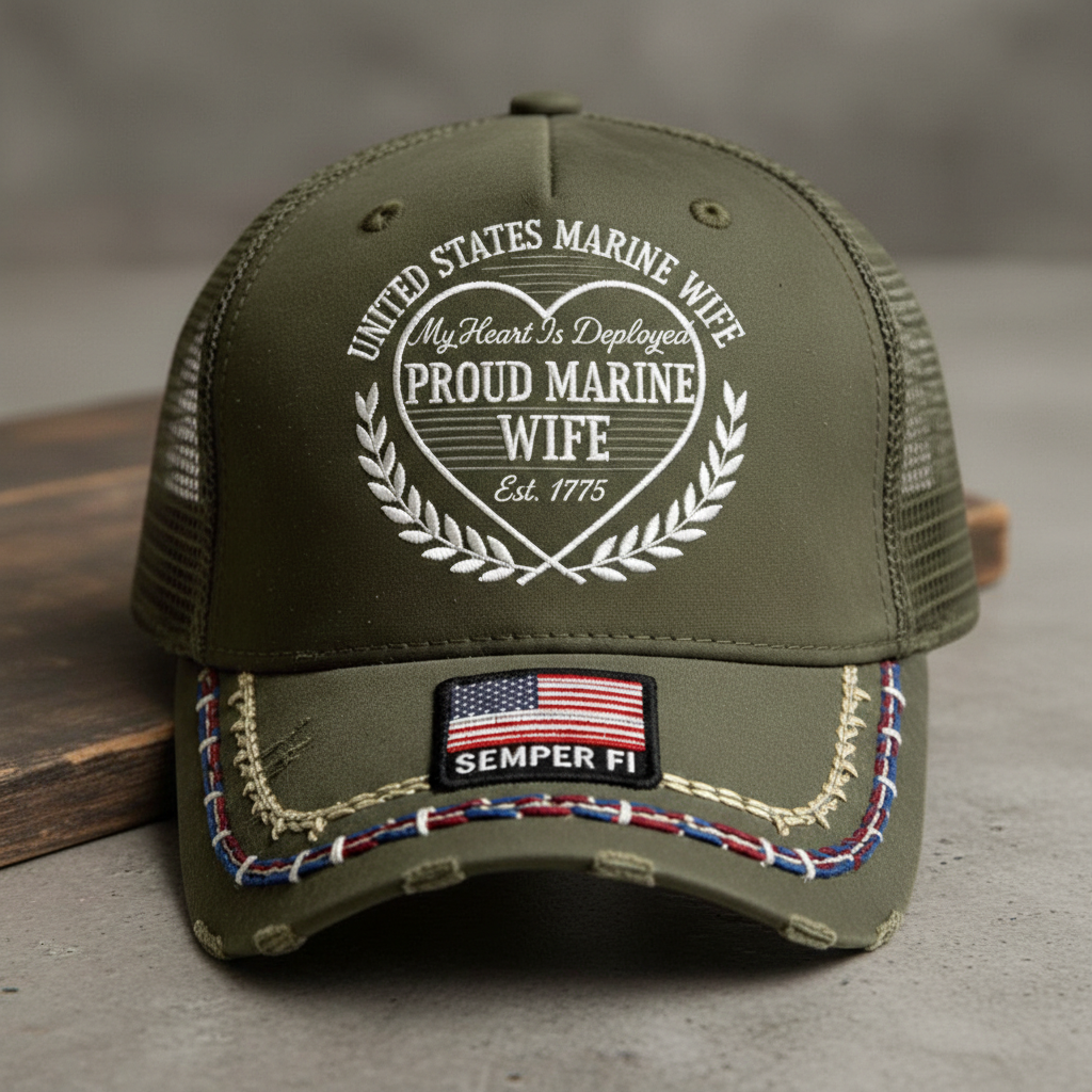 Custom US Marine Wife Trucker Hat - My Heart Is Deployed Embroidered Mesh Cap
