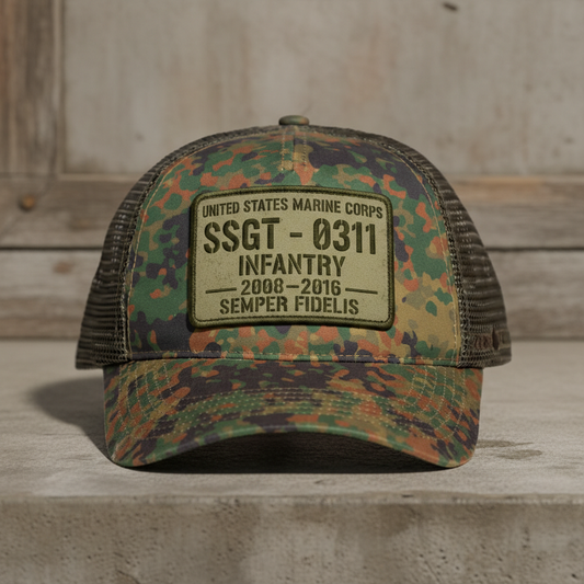 Custom USMC Veteran Mesh Back Trucker Hat - Personalized Rank & Years
