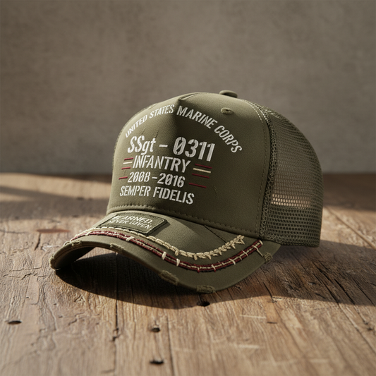 Custom USMC Veteran Pride Mesh Back Cap - Personalized Rank & MOS