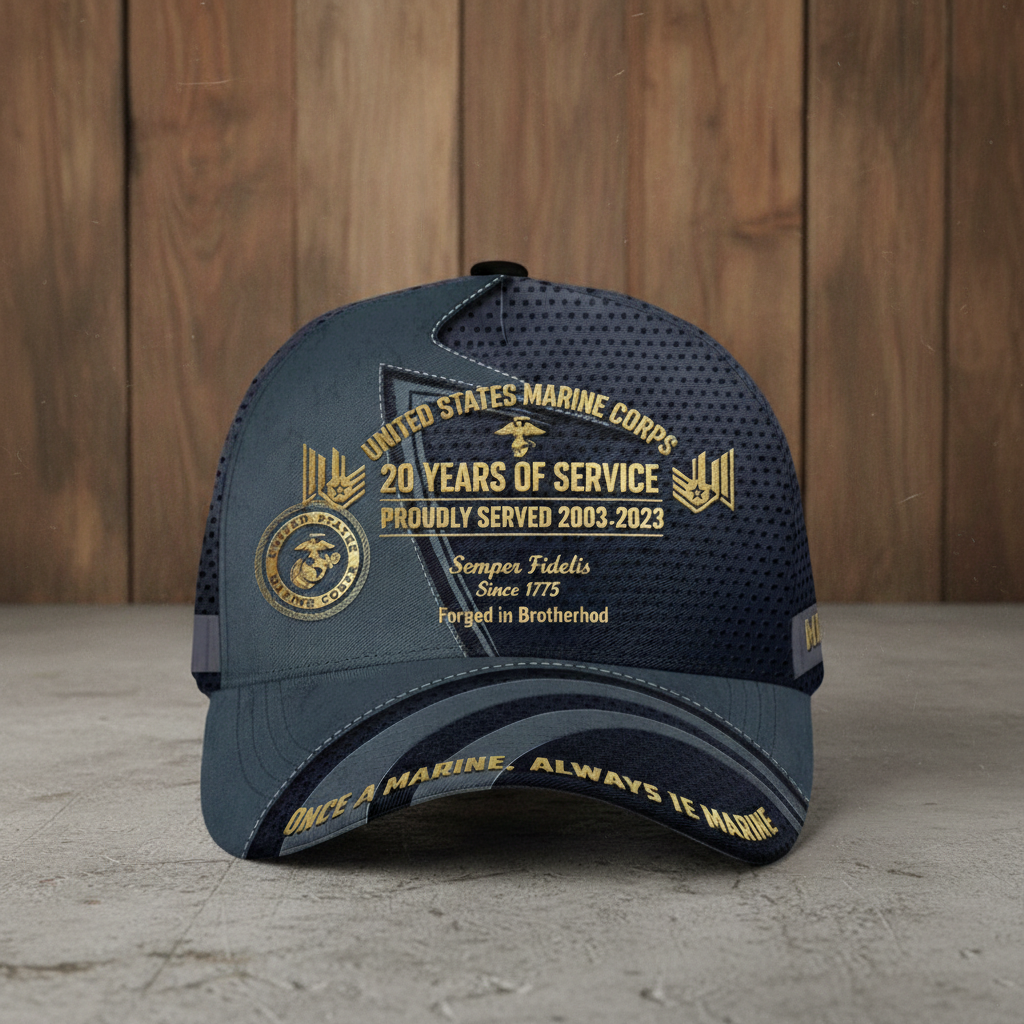 Custom USMC Veteran "20 Years of Service" Proudly Served Premium Cap