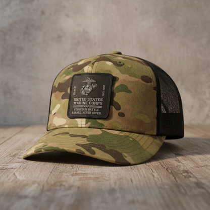 Custom USMC Marine Corps Camo Trucker Hat - Personalized Gift for Veterans.