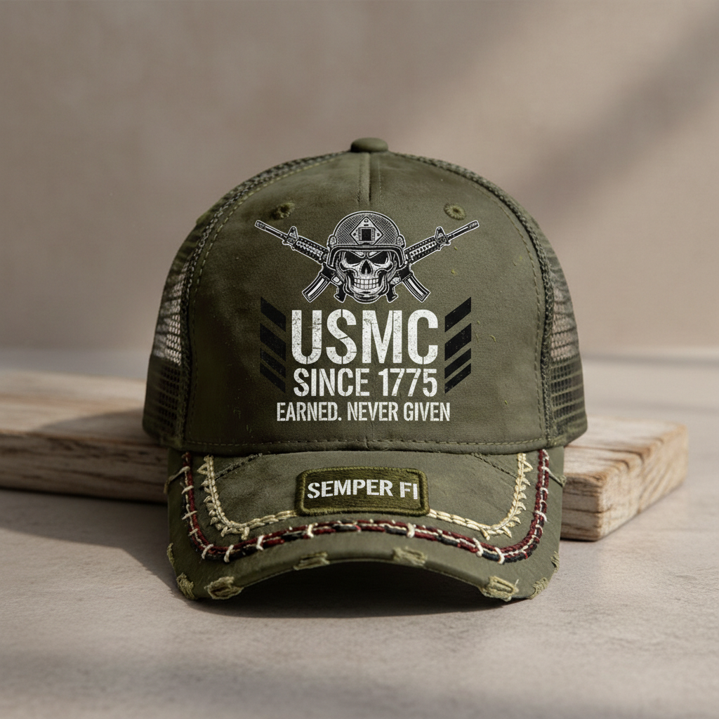 USMC Custom Marine Corps Veteran Hat - Olive Drab Distressed