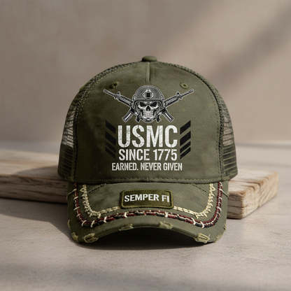 USMC Custom Marine Corps Veteran Hat - Olive Drab Distressed