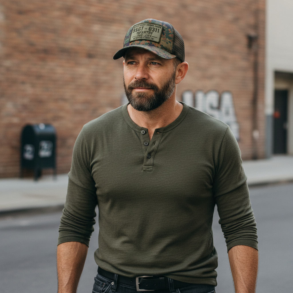 Custom USMC Veteran Mesh Back Trucker Hat - Personalized Rank & Years