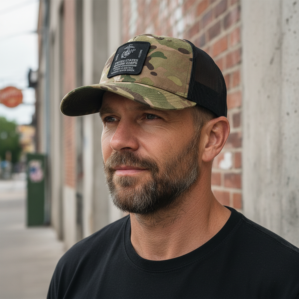 Custom USMC Marine Corps Camo Trucker Hat - Personalized Gift for Veterans.