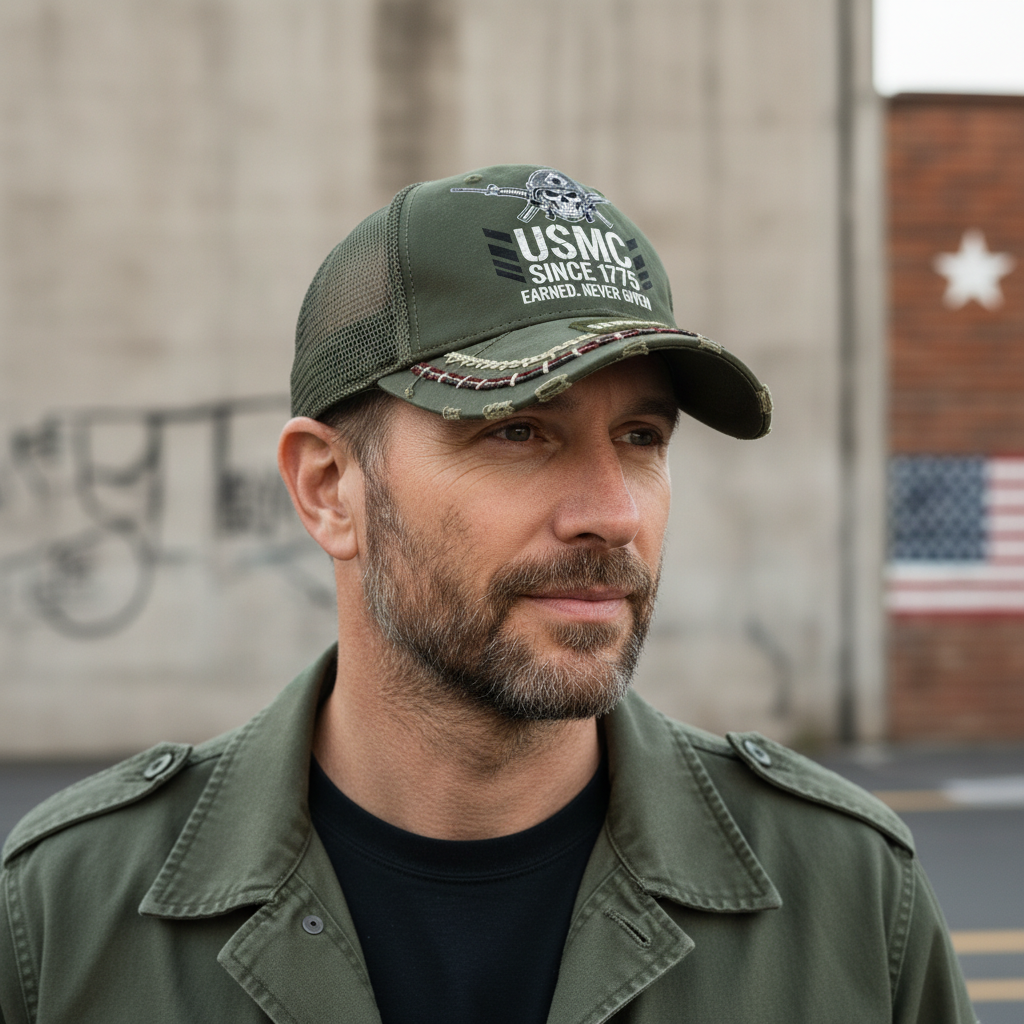 USMC Custom Marine Corps Veteran Hat - Olive Drab Distressed