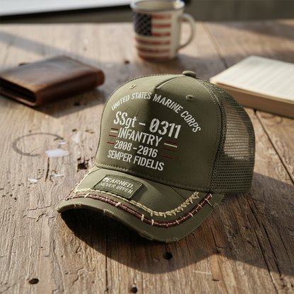 Custom USMC Veteran Pride Mesh Back Cap - Personalized Rank & MOS