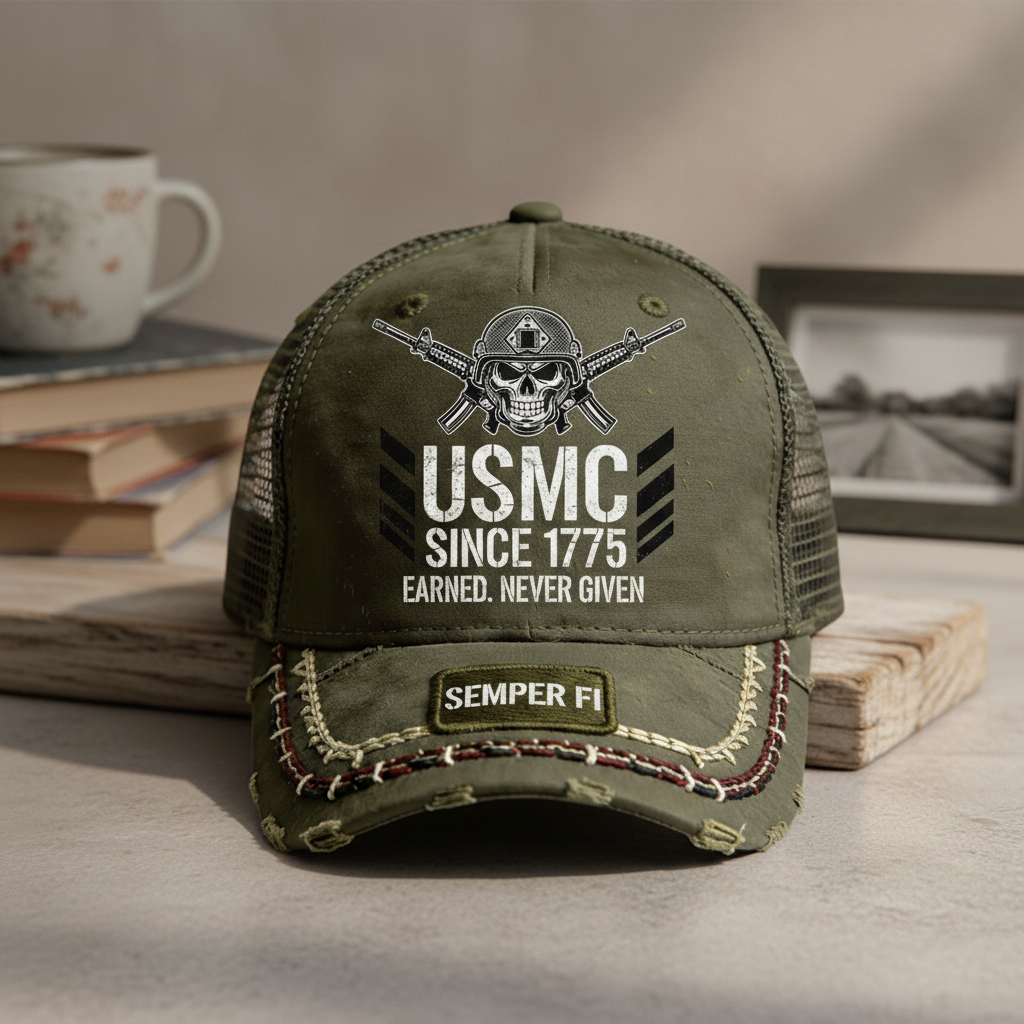 USMC Custom Marine Corps Veteran Hat - Olive Drab Distressed
