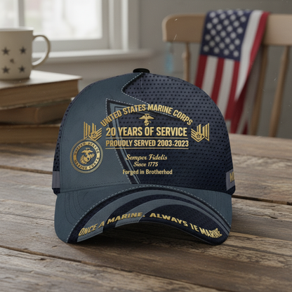Custom USMC Veteran "20 Years of Service" Proudly Served Premium Cap