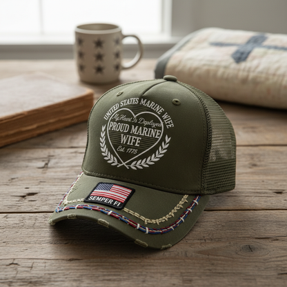 Custom US Marine Wife Trucker Hat - My Heart Is Deployed Embroidered Mesh Cap