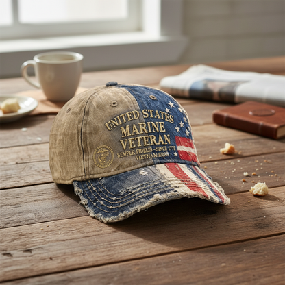Custom Name US Marine Veteran Distressed Cap