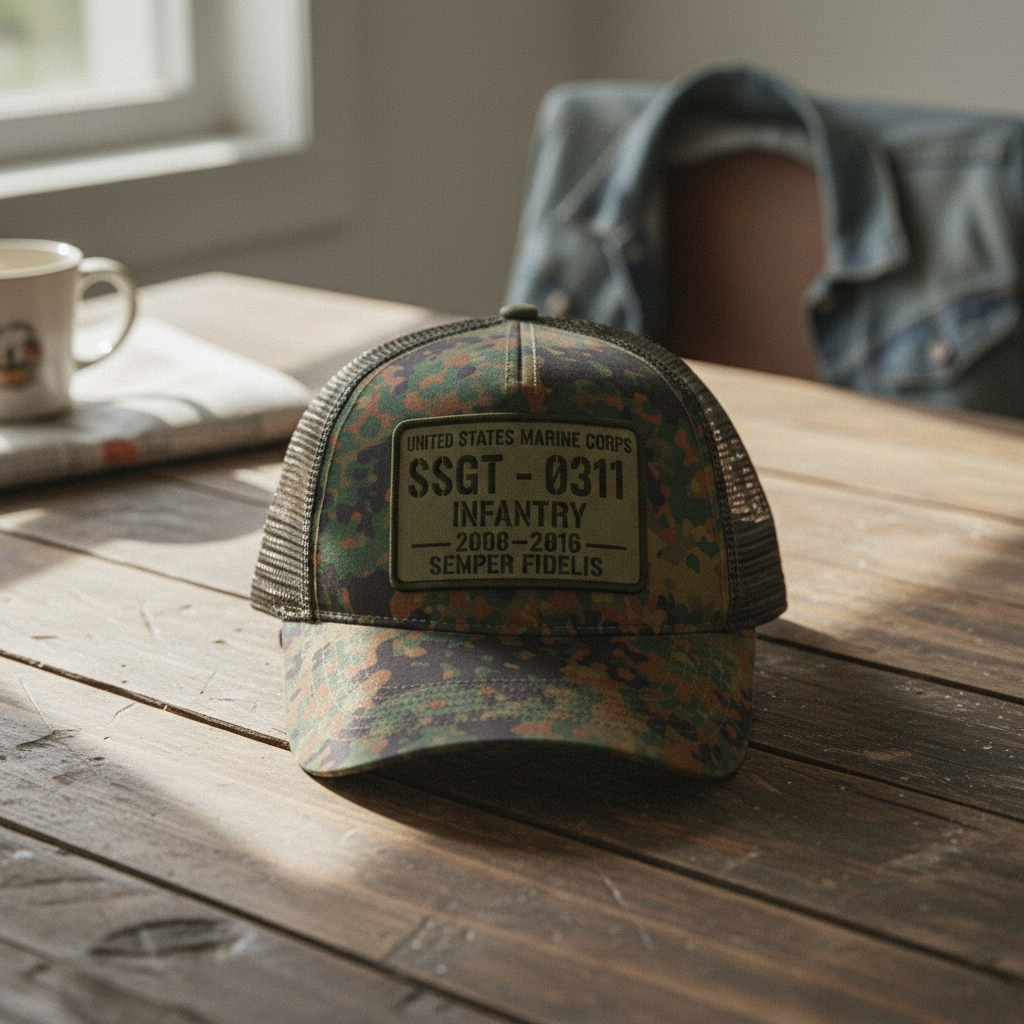 Custom USMC Veteran Mesh Back Trucker Hat - Personalized Rank & Years