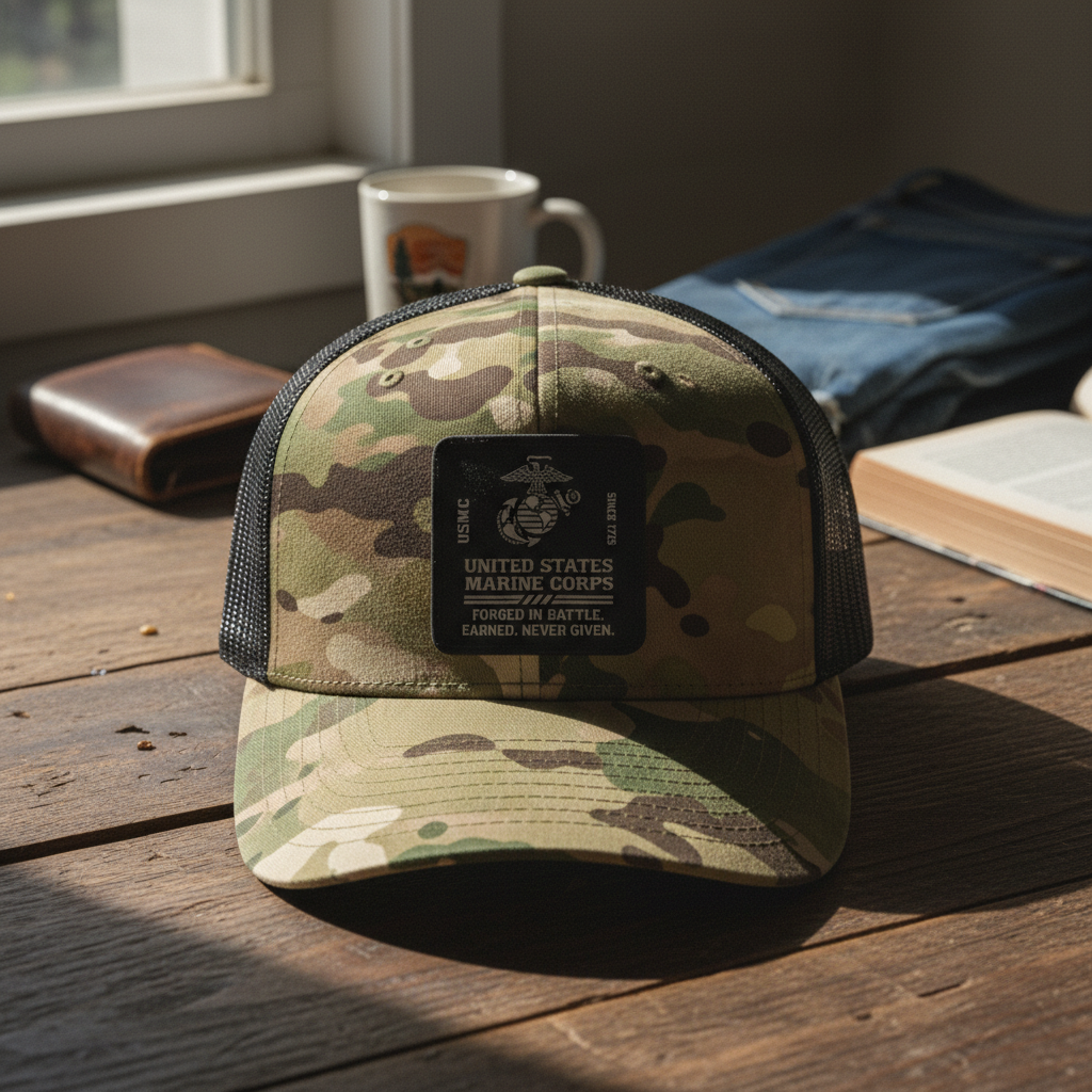 Custom USMC Marine Corps Camo Trucker Hat - Personalized Gift for Veterans.