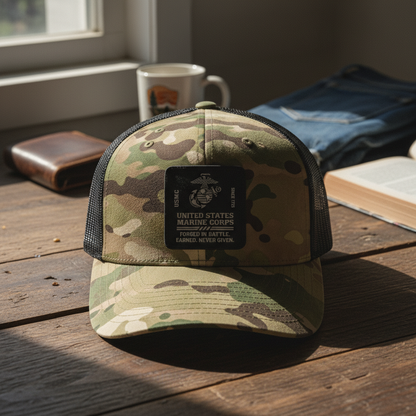 Custom USMC Marine Corps Camo Trucker Hat - Personalized Gift for Veterans.