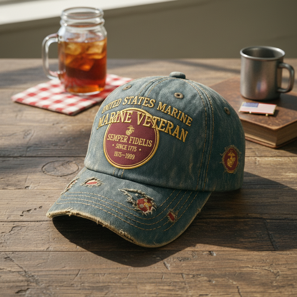 The Proud Veteran Custom Denim Cap - Personalized US Marine Corps Distressed Hat