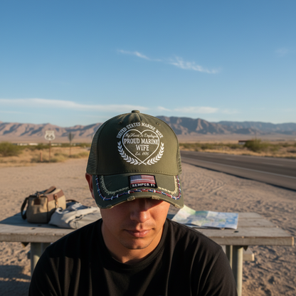 Custom US Marine Wife Trucker Hat - My Heart Is Deployed Embroidered Mesh Cap