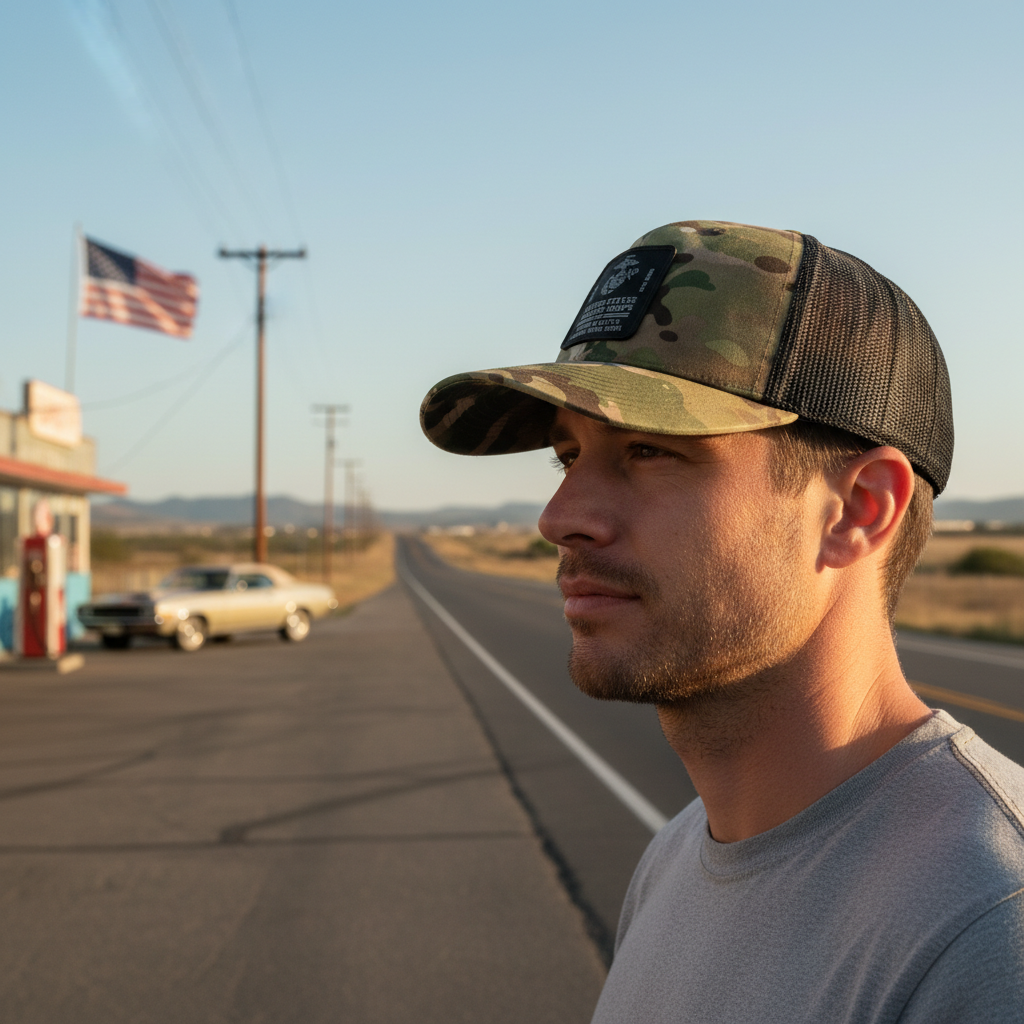 Custom USMC Marine Corps Camo Trucker Hat - Personalized Gift for Veterans.
