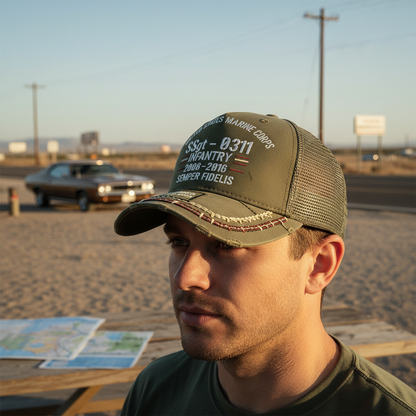 Custom USMC Veteran Pride Mesh Back Cap - Personalized Rank & MOS