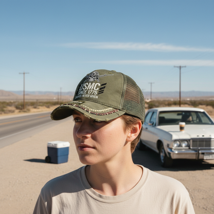 USMC Custom Marine Corps Veteran Hat - Olive Drab Distressed