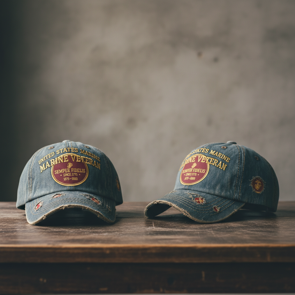 The Proud Veteran Custom Denim Cap - Personalized US Marine Corps Distressed Hat