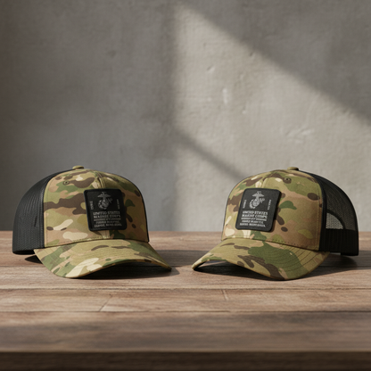 Custom USMC Marine Corps Camo Trucker Hat - Personalized Gift for Veterans.