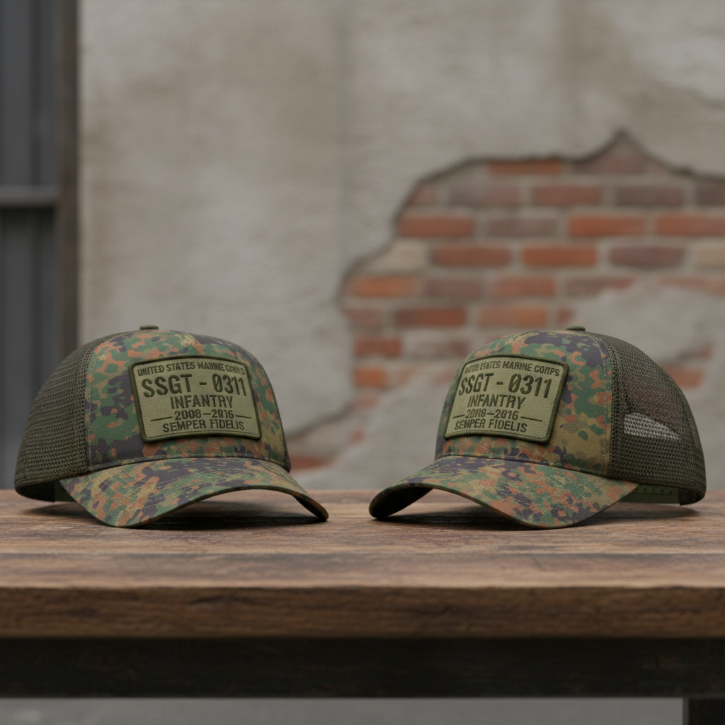 Custom USMC Veteran Mesh Back Trucker Hat - Personalized Rank & Years
