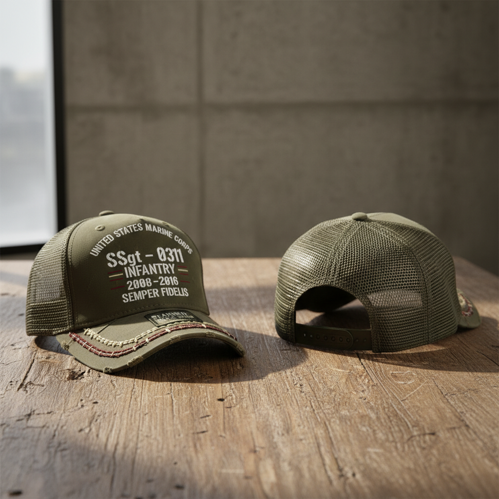 Custom USMC Veteran Pride Mesh Back Cap - Personalized Rank & MOS