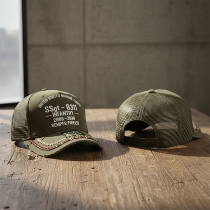 Custom USMC Veteran Pride Mesh Back Cap - Personalized Rank & MOS