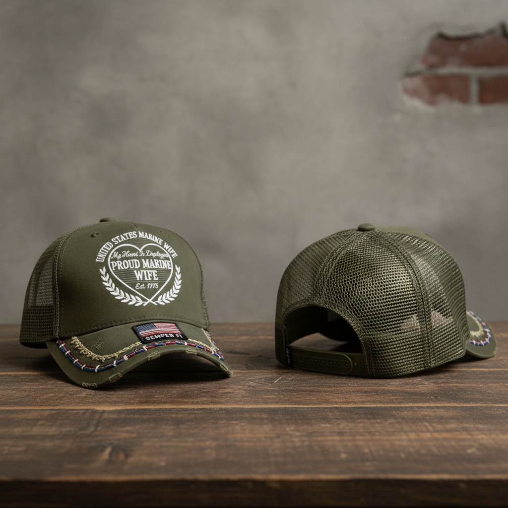 Custom US Marine Wife Trucker Hat - My Heart Is Deployed Embroidered Mesh Cap