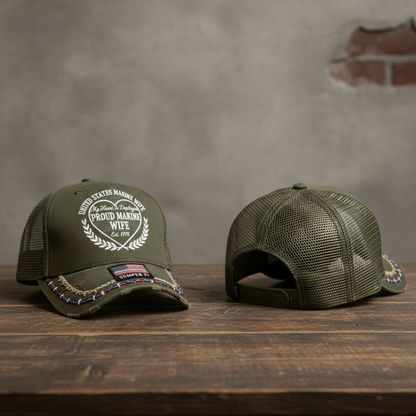 Custom US Marine Wife Trucker Hat - My Heart Is Deployed Embroidered Mesh Cap