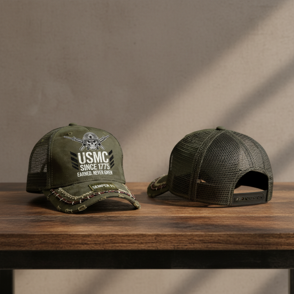 USMC Custom Marine Corps Veteran Hat - Olive Drab Distressed